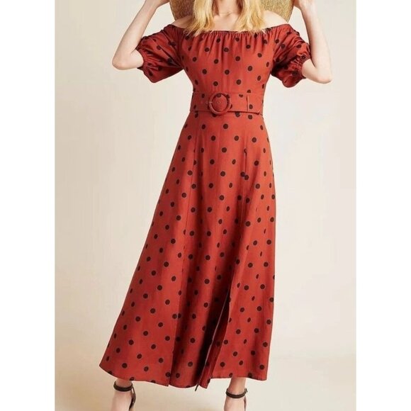 Anthropologie Maeve Lucienne Off-The-Shoulder Brown Polka Dot Maxi Dress Size 6 - Picture 1 of 16